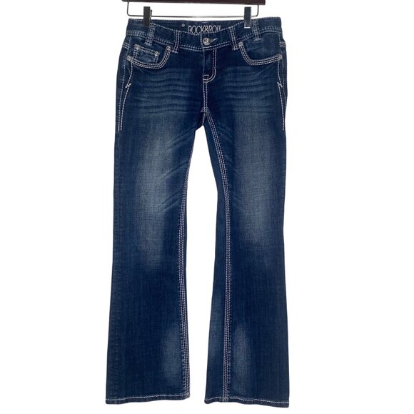 Rock & Roll Cowgirl Bootcut Jeans Womens Size 29 Embroidered Dark Wash Western R - Picture 1 of 14